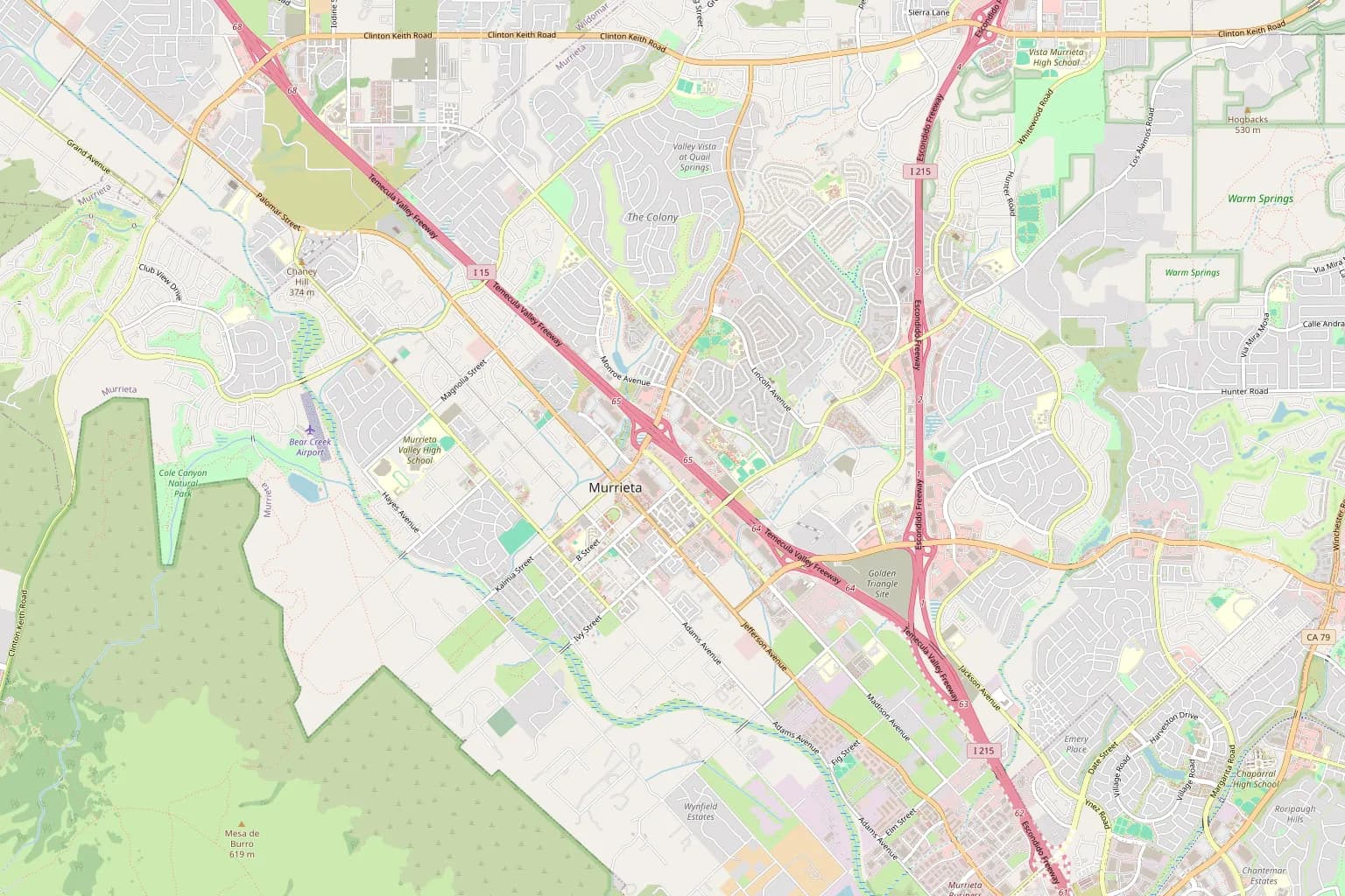 Street map of central Murrieta around the I-15 and I-215 junction