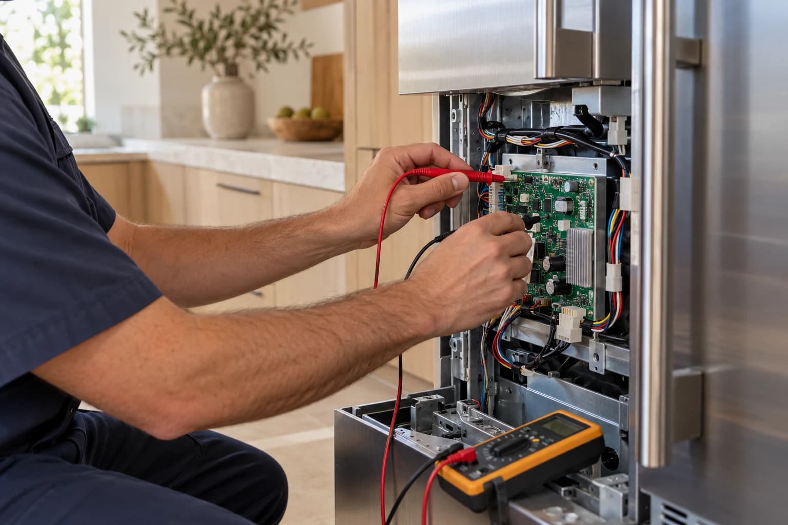 Illustrative close-up of a technician testing refrigerator electronics