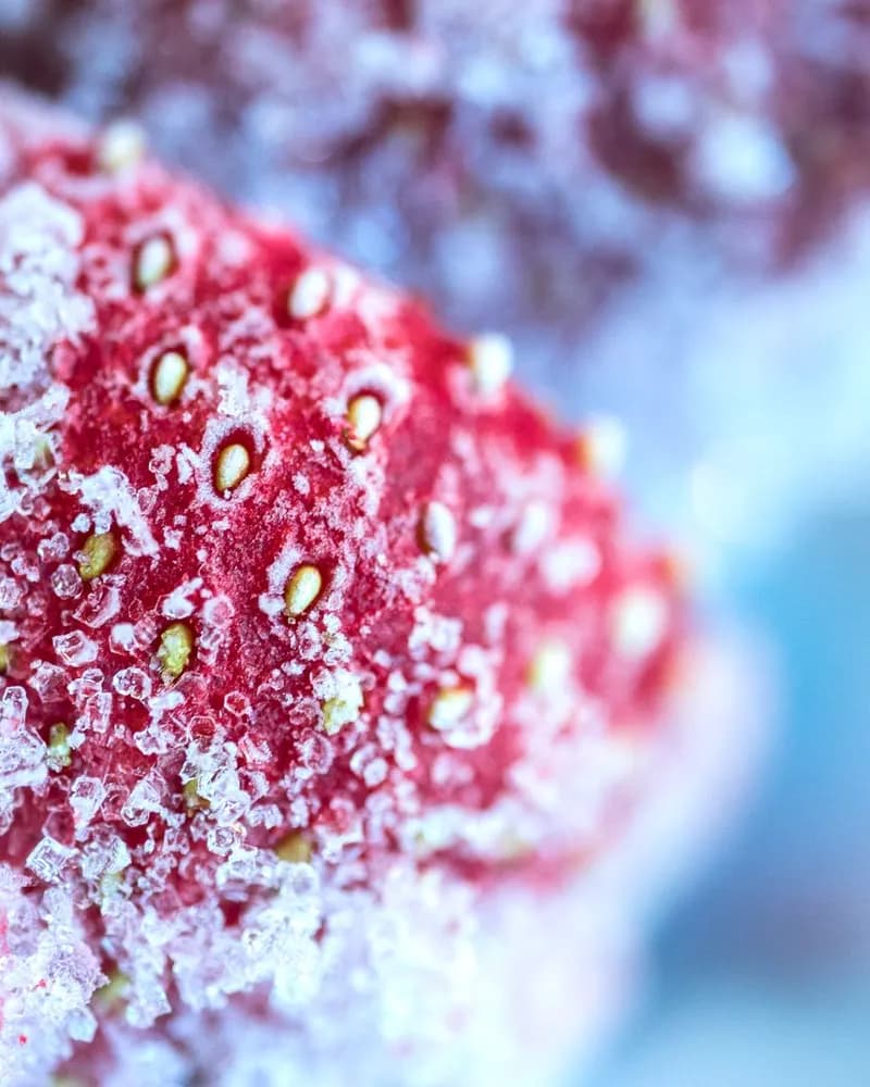 Macro shot of a frozen strawberry covered in ice crystals