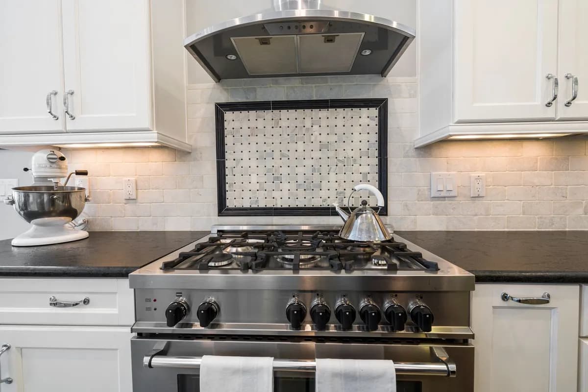 Professional stainless steel gas range under a range hood