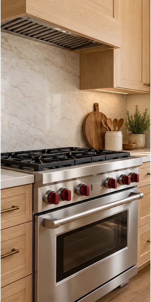 Illustrative professional gas range with red controls