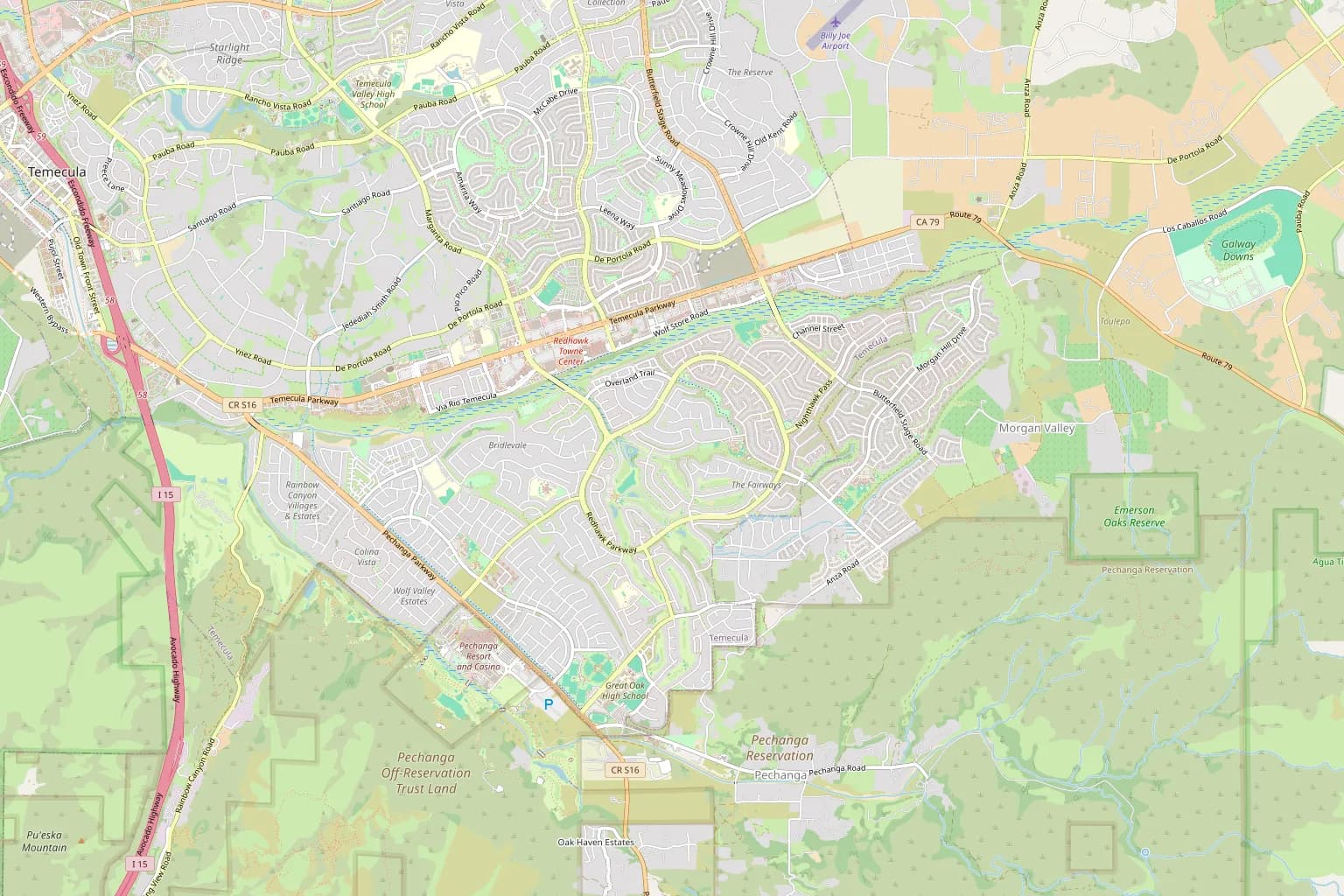 Street map of Temecula showing Redhawk and Vail Ranch