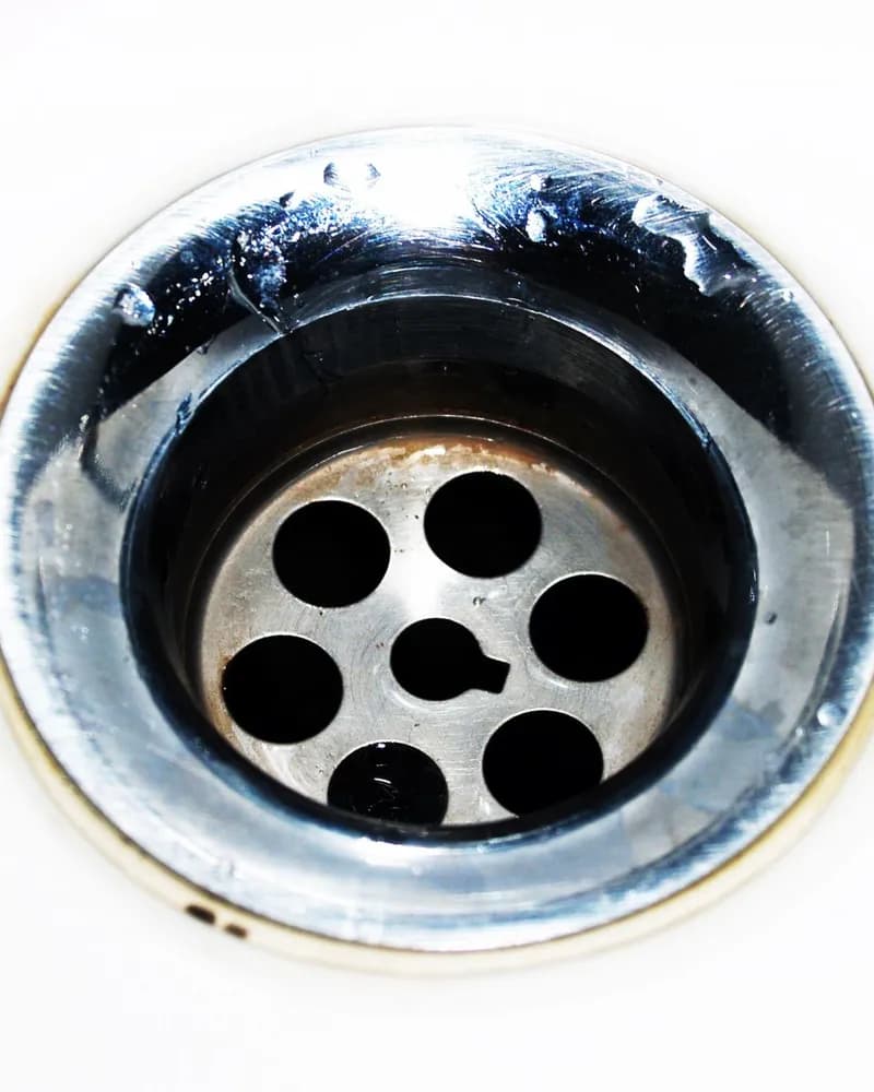 Close-up of a chrome sink drain with water droplets