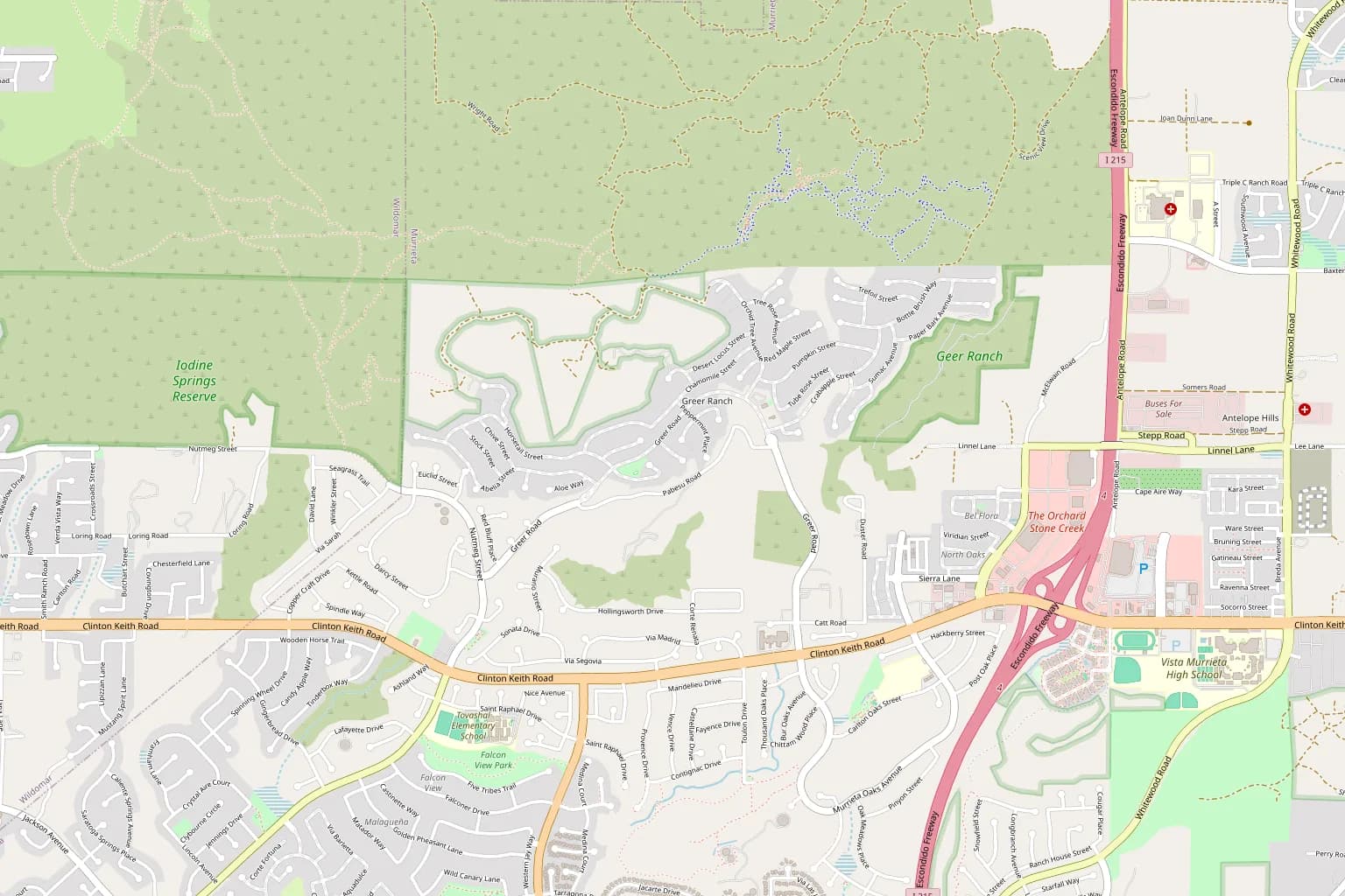Street map of Greer Ranch in north Murrieta, between Clinton Keith Road and the hills above it